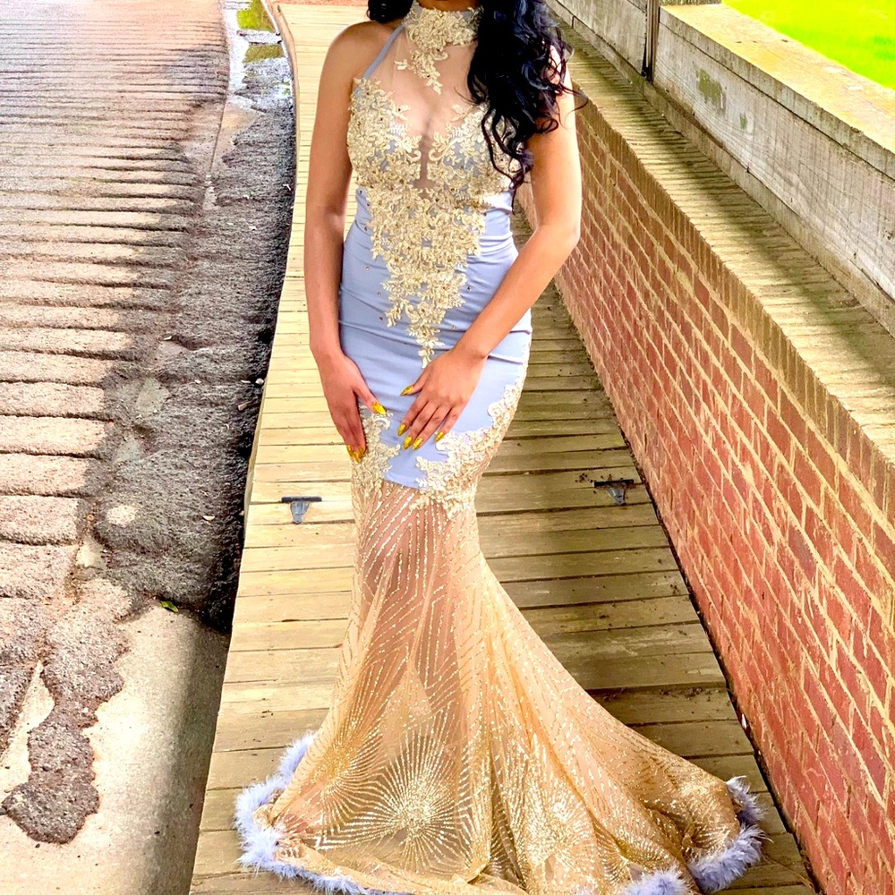 Gold Sequin Embellished Prom Gown